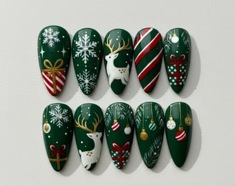 Christmas Reindeer Press On Nails, Hand-Painted Snowflake Nail Art, Holiday Almond Nails