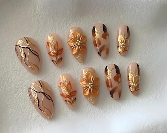 Handmade 3D Floral Press On Nails, Almond Autumn Nail Art