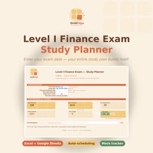 Op de afbeelding: Een digitale studieplanner voor het Level I Finance examen van GridEdge. De interface bevat secties voor exameninstellingen, voortgangsregistratie en een voortgangsbalk. Tekst bevat 'Level I Finance Exam Study Planner' en 'GridEdge'.