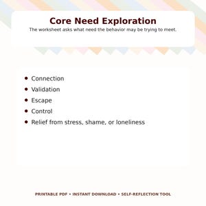 May include: A white worksheet titled "Core Need Exploration" with bullet points listing "Connection," "Validation," "Escape," "Control," and "Relief from stress, shame, or loneliness." The text "PRINTABLE PDF &bull; INSTANT DOWNLOAD &bull; SELF-REFLECTION TOOL" is at the bottom.