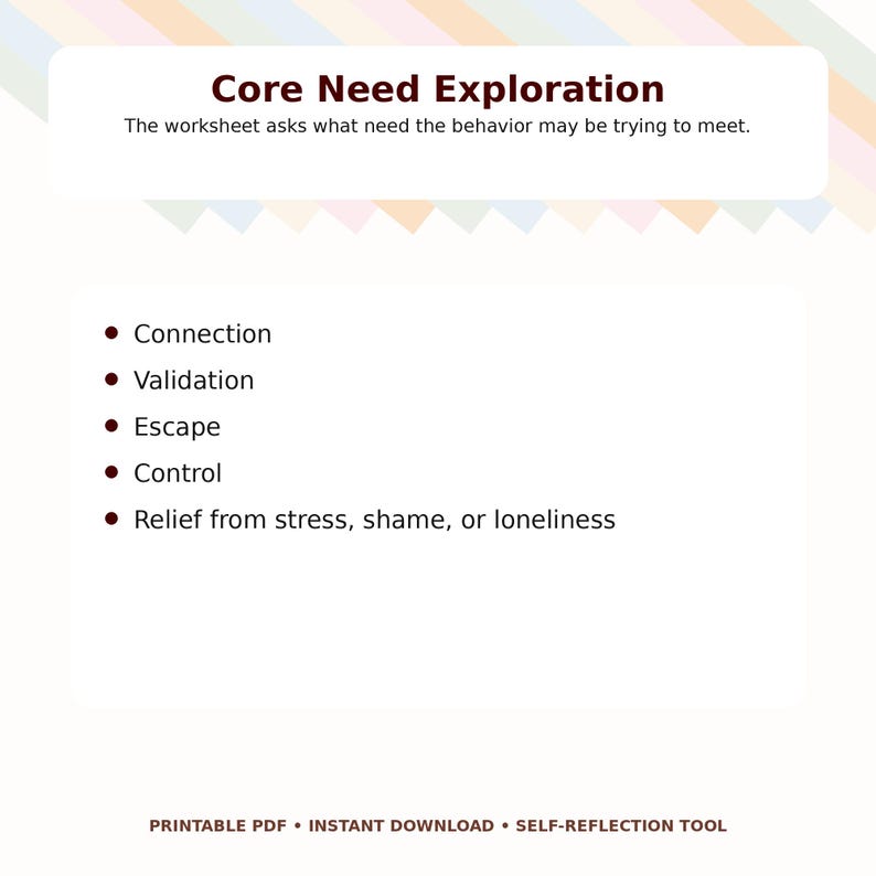 May include: A white worksheet titled "Core Need Exploration" with bullet points listing "Connection," "Validation," "Escape," "Control," and "Relief from stress, shame, or loneliness." The text "PRINTABLE PDF &bull; INSTANT DOWNLOAD &bull; SELF-REFLECTION TOOL" is at the bottom.