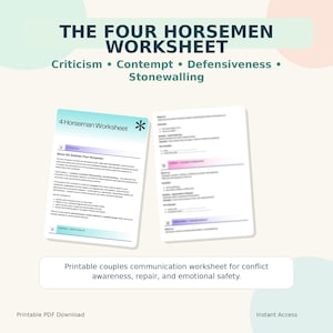 Pode incluir: Uma folha de trabalho imprimível para comunicação de casais, intitulada "The Four Horsemen Worksheet". A folha de trabalho aborda crítica, desprezo, defensiva e muralha. Concentra-se na consciência do conflito, reparação e segurança emocional.