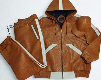MCM Cowhide Leather Biker Suit with Hoodie & Cap: MCM Brown Outfit