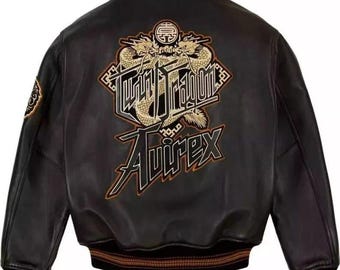 Chaqueta de cuero Avirex Twin Dragon Bomber, piel de vaca auténtica, estilo bordado en negro.
