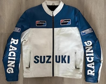 Suzuki Racing Leather Jacket: Cowhide Biker Jacket with CE Armor
