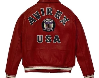 Chaqueta de cuero Avirex USA Icon Red Bomber, abrigo de cuero genuino Cowsoft, All American Outerwear
