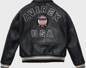 Chaqueta bomber de cuero negra Avirex, icono de EE. UU., abrigo de cuero Cowsoft