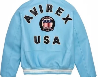 Avirex USA Sky Blue Bomber Leather Jacket, Cowsoft Leather Outerwear