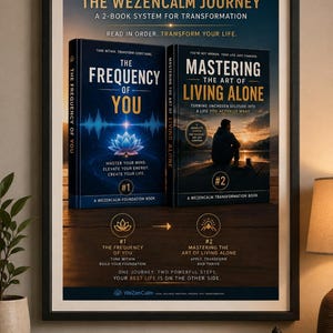 May include: A framed print featuring two books, "The Frequency of You" and "Mastering the Art of Living Alone," promoting personal transformation. The print includes text and graphics, with a stack of books and a small Buddha statue on a wooden surface.
