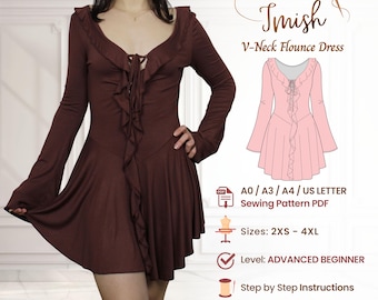 Bell Sleeve V Neck Ruffle Dress Sewing Pattern PDF | Boho Skater | XXS-4XL Plus Size
