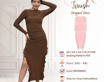 Beginner sewing pattern Dress - Evening Maxi Long Sleeve with Side Ruffles - Fitted Bodycon Stretch