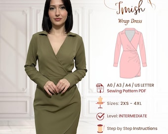 Wrap Dress Sewing Pattern PDF - Long Sleeve Midi with Draped Waist - Evening Elegant Style