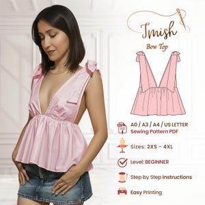 Wzór na letnią bluzkę damską w formacie PDF – bluzka DIY dla początkujących – łatwa do wydrukowania – swobodny dekolt w serek