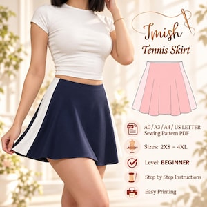 Może przedstawiać: Granatowa spódnica tenisowa z białym panelem bocznym. Obraz zawiera tekst: Imish Tennis Skirt, A0/A3/A4/US LETTER Sewing Pattern PDF, Sizes: 2XS - 4XL, Level: BEGINNER, Step by Step Instructions oraz Easy Printing.