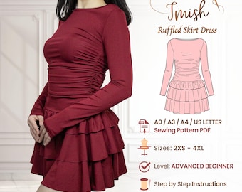 Ruched Tiered Ruffle Mini Dress Sewing Pattern PDF | Fitted Knit | Sizes 2XS-4XL | Instant Download