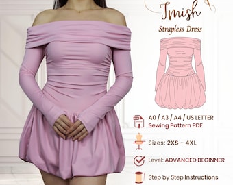 Off Shoulder Bubble Skirt Dress PDF Sewing Pattern | Fitted Knit | XXS-4XL Plus Size