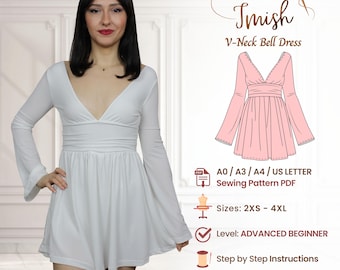V-Neck Bell Sleeve Dress Sewing Pattern PDF | Mini Dress Women | Empire Waist | 2XS–4XL