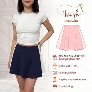 May include: A navy blue and white tennis skirt. The skirt is paired with a white top. The image also includes a graphic of a pink tennis skirt, the text "Imish Tennis Skirt", and details about the sewing pattern, including sizes and beginner level.