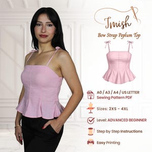May include: A light pink peplum top with thin bow straps and a square neckline. The image includes text: Imish Bow Strap Peplum Top, A0 / A3 / A4 / US Letter Sewing Pattern PDF, Sizes: 2XS - 4XL, Level: ADVANCED BEGINNER, Step by Step Instructions, Easy Printing.