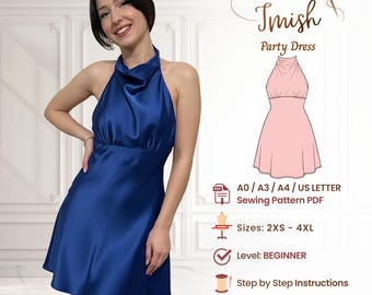 Draped Halter Dress Pattern PDF - Backless A-Line Mini for Cocktail Parties - Satin Digital Download