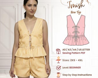 Women's Top Sewing Pattern PDF - Lace-Up Peplum Blouse with V-Neck - Summer Sleeveless Gathered Hem