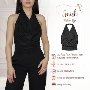 May include: A woman wearing a black halter top and black pants. The image includes a sewing pattern graphic with the text "Imish Halter Top". The pattern is available in sizes 2XS-4XL and is beginner level.