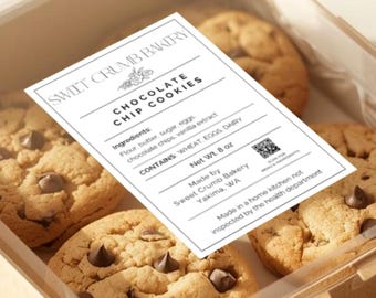 Modello di etichetta per alimenti artigianali, adesivo per prodotti da forno modificabile su Canva, confezione per prodotti da forno casalinghi, etichetta con codice QR per ingredienti allergenici 2x3