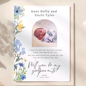 Godparents Proposal Card Boy, Will You Be My Godmother Godfather, Blue Floral Photo Keepsake, Editable Canva