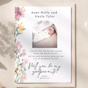 May include: A greeting card with the text "Aunt Holly and Uncle Tyler" and "Will you be my godparents?" is surrounded by floral illustrations. The card is on a beige surface, with baby shoes and a rose nearby. The card includes a photo of a baby.