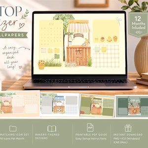 May include: A laptop displays a desktop organizer with a bakery theme, featuring a calendar and icons. The image includes the text "Desktop Organizer" and "12 Month Wallpapers." Additional elements include a coffee cup and a vase.