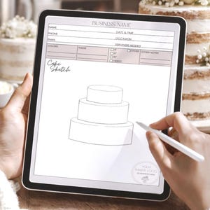 May include: A digital tablet displaying a cake order form template with fields for business name, contact details, and cake specifications. The screen features a line drawing of a three-tiered cake, a section labeled Cake Sketch, and a logo placeholder.
