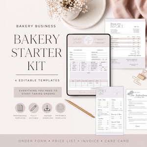 Puede incluir: Un kit de inicio para negocio de panadería con cuatro plantillas editables que incluyen formulario de pedido, factura, lista de precios y tarjeta de instrucciones. El set incluye un bolígrafo dorado y dos clips dorados, con etiquetas de texto para plantillas profesionales, totalmente editables, descarga instantánea y plantillas imprimibles.