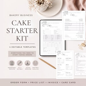 Puede incluir: Un kit de inicio para negocio de pastelería con cuatro plantillas editables que incluyen formulario de pedido, factura, lista de precios y tarjeta de cuidados. El set incluye un bolígrafo dorado y documentos con texto negro sobre fondo blanco para gestión profesional.