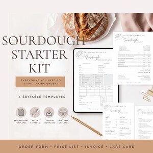Puede incluir: Un kit de inicio de masa madre con cuatro plantillas editables que incluyen formulario de pedido, lista de precios, factura y tarjeta de cuidados. Los documentos blancos con texto negro se acompañan de un bolígrafo dorado y pan.