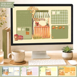 2026 2027 Desktop Wallpaper Calendar, 24 Month Watercolor Bakery Theme, Monthly Computer Background, Matching Folder Icons Mac Windows