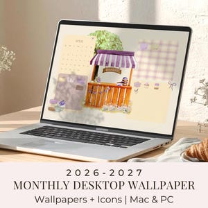 2026-2027 Desktop Organizer Wallpaper, Whimsical Bakery Theme, Computer Folder Icons Set (Digital Calendar Download)