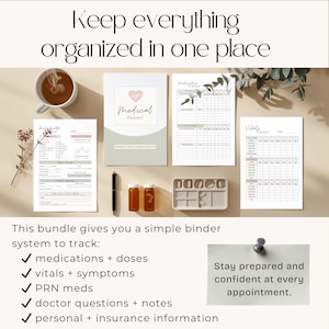 May include: A medical planner bundle with a notebook, medication tracker, and vital tracker. The image includes a pen, pill organizer, and two amber medicine bottles. Text reads: "Keep everything organized in one place."