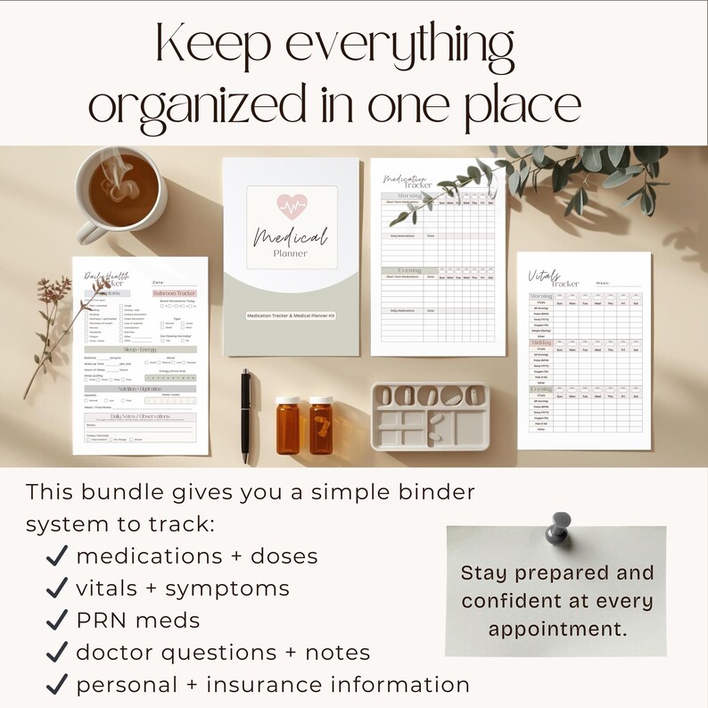 May include: A medical planner bundle with a notebook, medication tracker, and vital tracker. The image includes a pen, pill organizer, and two amber medicine bottles. Text reads: "Keep everything organized in one place."