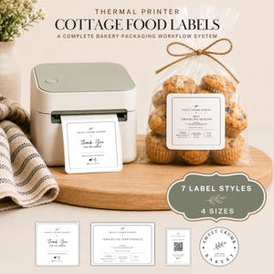 May include: A white and sage green thermal printer next to a clear plastic bag of chocolate muffins with a square white label. The label features the text Sweet Crumb Bakery, Mini Chocolate Muffins, and other details. Includes 7 label styles and 4 sizes.