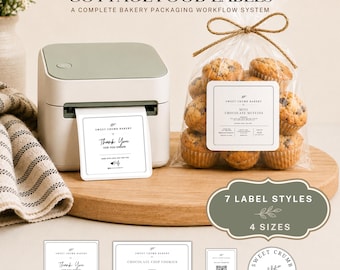 May include: A white and sage green thermal printer next to a clear plastic bag of chocolate muffins with a square white label. The label features the text Sweet Crumb Bakery, Mini Chocolate Muffins, and other details. Includes 7 label styles and 4 sizes.