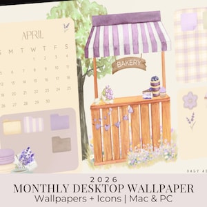 2026 Monthly Desktop Wallpaper Calendar, Whimsical Bakery Theme, Folder Icons (Digital Download for Desktop Setup)