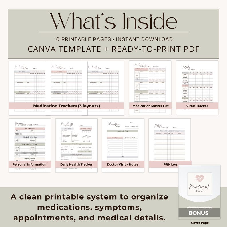 Medical Binder Printable Bundle, Medication Tracker Vitals Log PRN Pill Log, Caregiver Health Organizer Post Surgery image 4