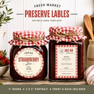 Fresh Market Preserve Label Template, Editable Canva Gingham Sticker, Round Farm Stand Kraft Cream Label, Jam Jar Market Tag