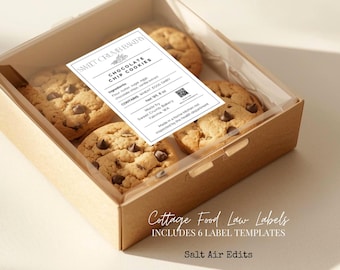 May include: A clear-lidded box filled with chocolate chip cookies. The cookies are golden brown with visible chocolate chips. A label on the box reads "Sweet Crumb Bakery Chocolate Chip Cookies." The box is labeled "Cottage Food Law Labels" and "Includes 6 Label Templates."