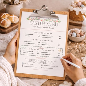 Plantilla de menú de Pascua para panadería, menú de primavera para panaderías, menú festivo editable en Canva, lista de precios de temporada para panaderías rurales