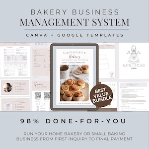 Puede incluir: Gráfico de marketing digital para un sistema de gestión de negocios de panadería. La imagen incluye una tableta que muestra un "Complete Bakery Workflow System" con rollos de canela. El texto incluye "Canva + Google Templates" y "Best Value Bundle."