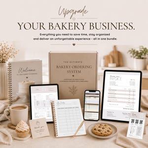 May include: A bakery business bundle featuring a cardboard box labeled The Ultimate Bakery Ordering System, a spiral-bound welcome book, a tablet displaying an invoice, a smartphone, a notepad, a thank you card, a cupcake, and a chocolate chip cookie.
