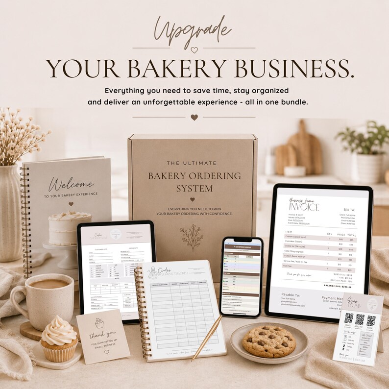 May include: A bakery business bundle featuring a cardboard box labeled The Ultimate Bakery Ordering System, a spiral-bound welcome book, a tablet displaying an invoice, a smartphone, a notepad, a thank you card, a cupcake, and a chocolate chip cookie.