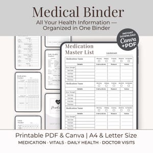 May include: A digital medical binder template with a medication master list, daily health tracker, and vital tracker. The template is available as a printable PDF and Canva file, A4 and Letter size. The text reads "Medical Binder".