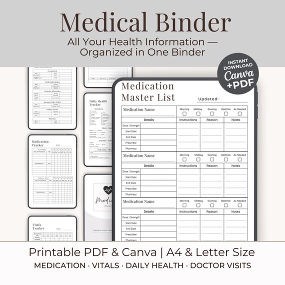 Medical Binder Printable Bundle, Black and White Low Ink, Medication Tracker Vitals Log PRN Pill Log, Caregiver Organizer